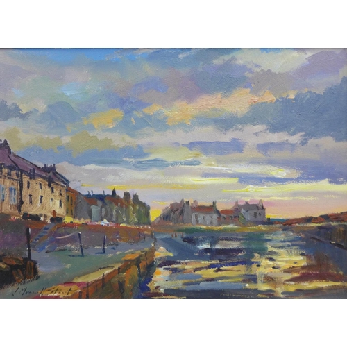 6 - Joseph Maxwell Stuart, (Scottish Contemporary) Dusk at Cellardyke, Fife,  oil on board, signed and f... 