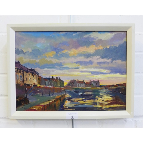 6 - Joseph Maxwell Stuart, (Scottish Contemporary) Dusk at Cellardyke, Fife,  oil on board, signed and f... 