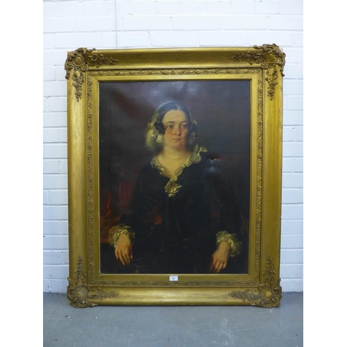 87 - 19th century school,  half length portrait of a woman,  oil on canvas, apparently unsigned,  in gilt... 