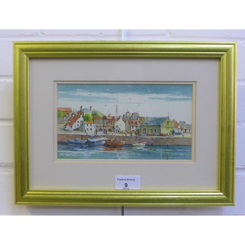 9 - Evi J Carmichael,  Anstruther,  watercolour and ink,  signed,  in glazed frame with a Holyrood Art C... 