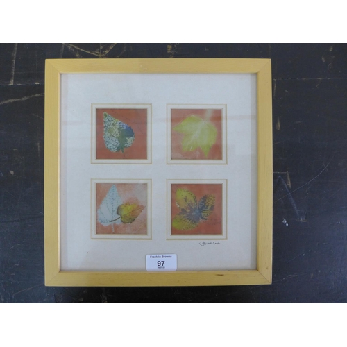 97 - J. Haslam,  Four leaves painted on fabric, signed in pencil,  contained within a single frame, 28 x ... 