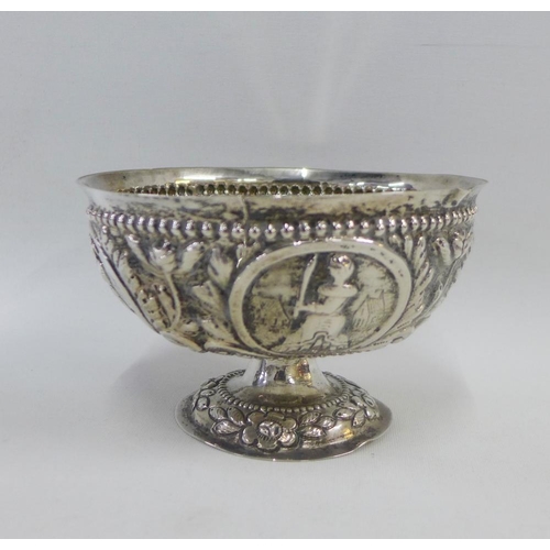 8 - Continental silver pedestal bowl with repousee figural panels and flowerhead pattern, 13 x 8cm