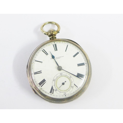 31 - Victorian silver cased pocket watch by John Forrest, the enamel dial with Roman numerals and subsidi... 