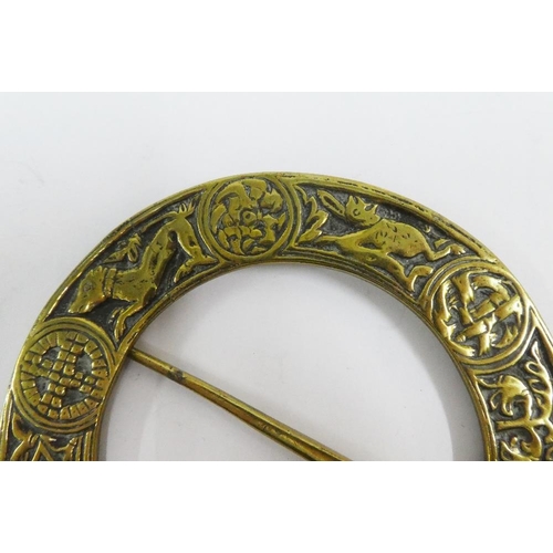 105 - Early Scottish brass Plaid brooch, 11.5cm diameter