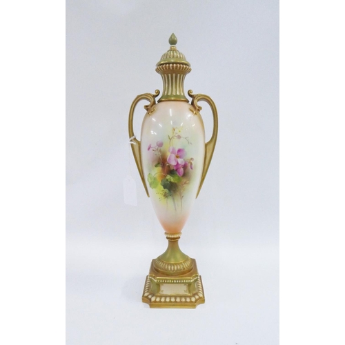 113 - Royal Worcester vase and cover of slender tapering form, handpainted with  Spring Flower and signed ... 