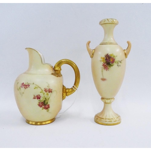 114 - Royal Worcester blush ivory jug and twin handled vase, both with handpainted flowers, tallest 16cm h... 