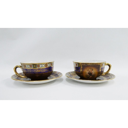 116 - Continental porcelain tea / coffee set, transfer printed with figures to a brown ground with gilded ... 