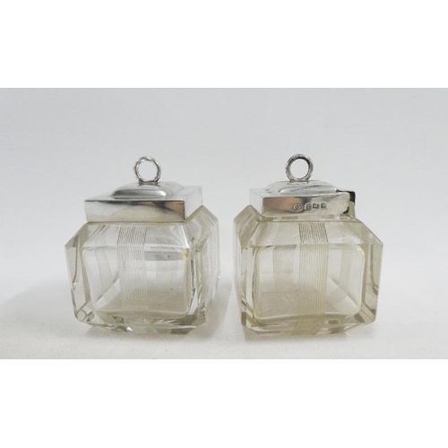 12 - Pair of silver topped glass jars, Birmingham 1919, 10cm high (2)