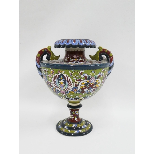 120 - Early 20th century Continental pottery twin handled vase, with flower head rim and bulbous body, on ... 