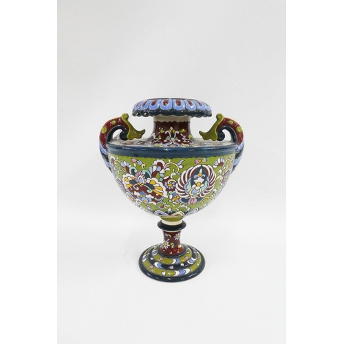 120 - Early 20th century Continental pottery twin handled vase, with flower head rim and bulbous body, on ... 