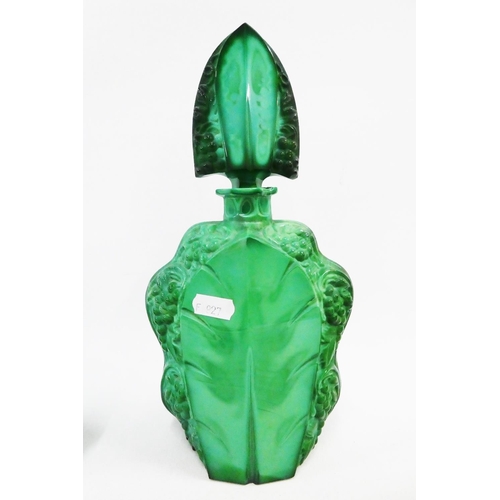 121 - Early 20th century malachite floral moulded  liqueur set comprising decanter and stopper and set of ... 