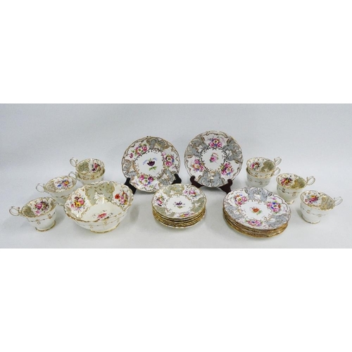 127 - English porcelain teaset comprising eight cups, six saucers, eight side plates and a slop bowl, (a l... 