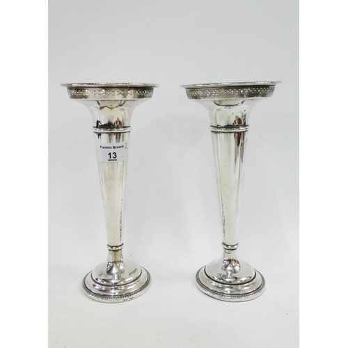 13 - Pair of George V silver vases, Walker & Hall, Sheffield 1920, with pierced flared rims and weighted ... 