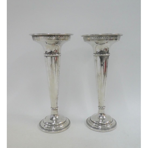 13 - Pair of George V silver vases, Walker & Hall, Sheffield 1920, with pierced flared rims and weighted ... 
