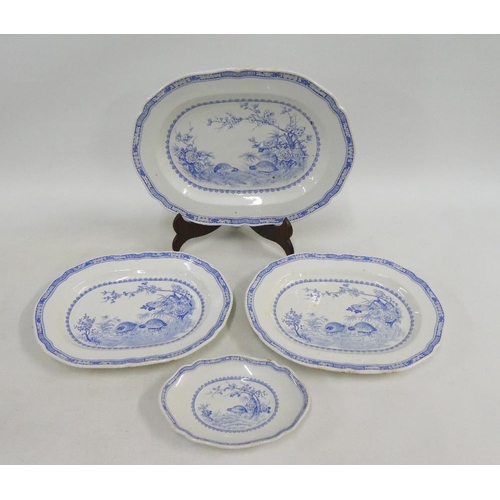 135 - Furnival's Quail pattern blue and white table wares to include three graduated ashets and a sauce bo... 