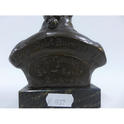 156 - Robert Burns bronze bust, signed H.S Gamley and dated 1907, on a black hardstone plinth base, 14.5cm... 