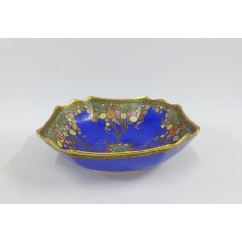 162 - Crown Devon blue glazed bowl of square outline, handpainted with stylised art deco flowers, with pri... 