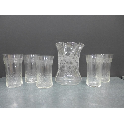 164 - Collection of early 20th century star etched drinking glasses and a frilled rim vase of similar desi... 