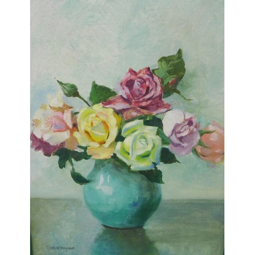 168 - Elizabeth Mary Watt (Scottish 1886 - 1954)  Still life vase of roses,  Oil on board, signed,  in sta... 