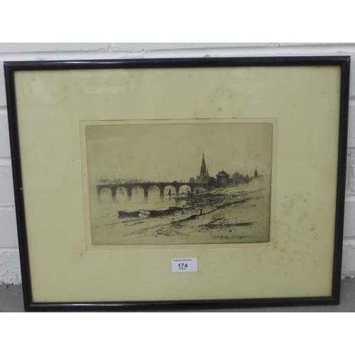 174 - DY Cameron,  Perth Bridge,  etched print,  in glazed frame, 28 x 20cm