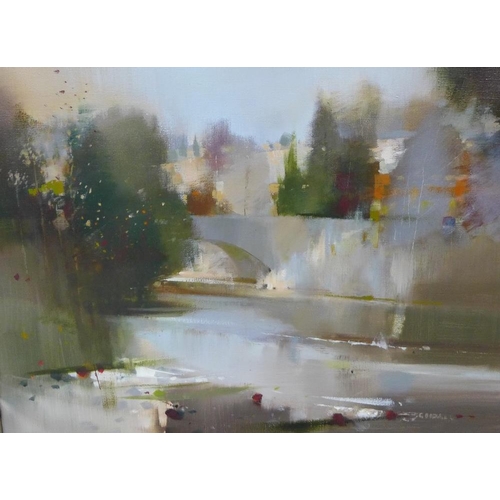 186 - Oscar Goodall,  Bridge & River landscape,  Oil on canvas, signed,  in giltwood frame, 60 x 45cm... 