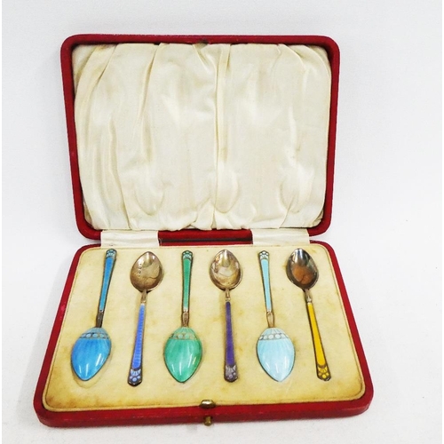 19 - Boxed set of six silver and enamel coffee spoons, Robert Chandler, Birmingham 1923 (6)