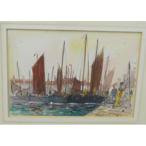 191 - Peter Knox, Mending Nets,  Watercolour, signed,  in glazed frame 18 x 12cm