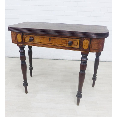 221 - 19th century mahogany and burrwood fold over table, with a single frieze drawer and on tuned legs, 7... 