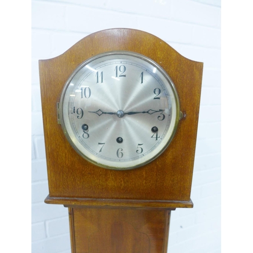 264 - Early 20th century oak cased Grandmother clock with silvered dial and Arabic numerals, 136 x 26cm