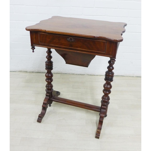 268 - 19th century mahogany work / sewing table with bobbin turned supports, 75 x 56cm