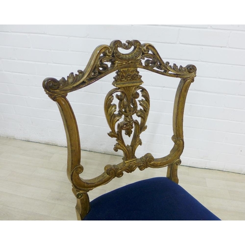 269 - Giltwood side chair with blue upholstered seat, 82 x 49cm