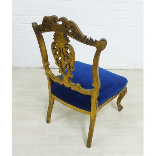 269 - Giltwood side chair with blue upholstered seat, 82 x 49cm