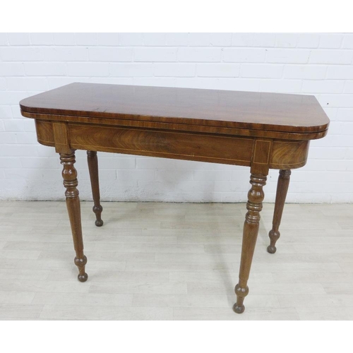 277 - 19th century mahogany and inlaid fold over table on turned legs, 76 x 107cm