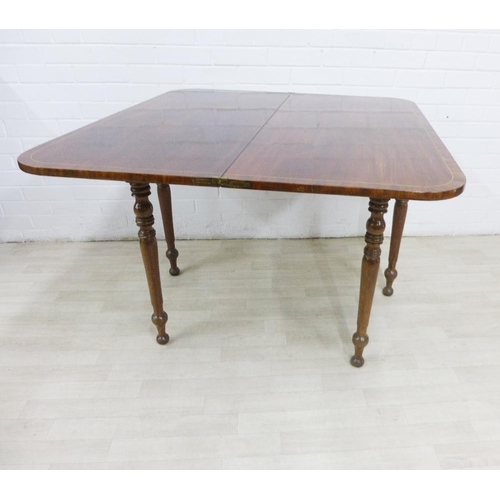 277 - 19th century mahogany and inlaid fold over table on turned legs, 76 x 107cm