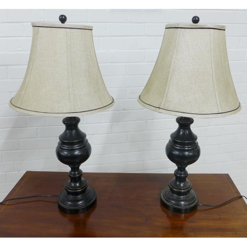 279 - Pair of ebonised pottery table lamp bases and shades (2) 76cm high