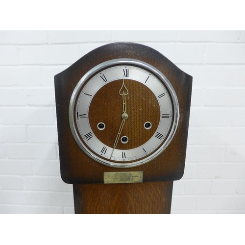 280 - Early 20th century oak cased Grandmother clock with silvered chapter ring and Roman numerals, 143 x ... 