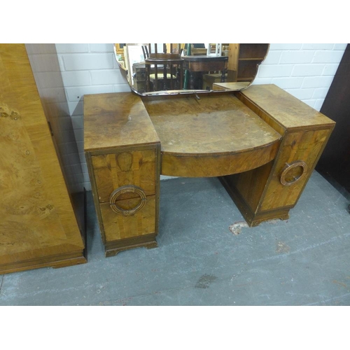 290 - Art Deco burr walnut bedroom suite comprising wardrobe, tall boy and dressing table, (3) 194 x 118cm