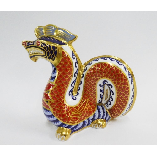 302 - Royal Crown Derby Dragon Imari paperweight, with printed backstamp and gold stopper, 12cm high