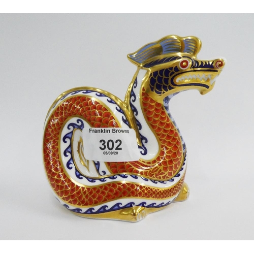 302 - Royal Crown Derby Dragon Imari paperweight, with printed backstamp and gold stopper, 12cm high