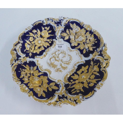 315 - Meissen floral moulded blue, white and gilded bowl / dish, with blue crossed swords mark verso, 31cm... 