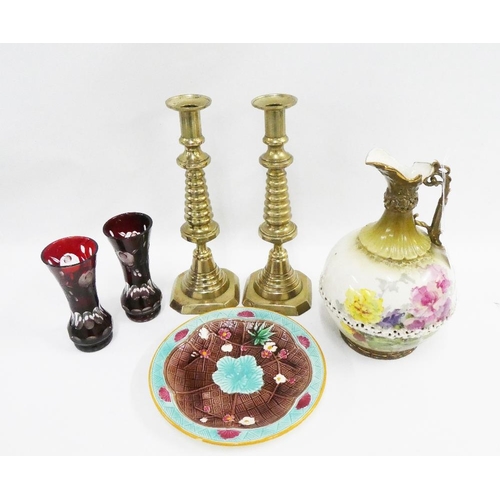 326 - Mixed lot to include a pair of brass candlesticks, Majolica plate, pair of red glass vases and a Tur... 