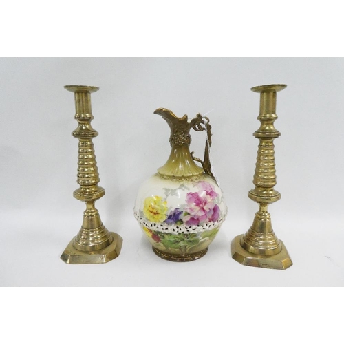 326 - Mixed lot to include a pair of brass candlesticks, Majolica plate, pair of red glass vases and a Tur... 