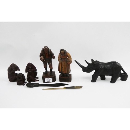 333 - Collection of wooden items to include a rhinoceros, figures and monkeys, etc (8)