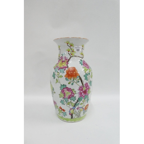 343 - Chinese floral patterned baluster vase, drilled to base for use as a lamp, 37cm high