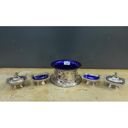 356 - Epns wares to include a serving dish and cruet set with blue glass liners, (a lot)