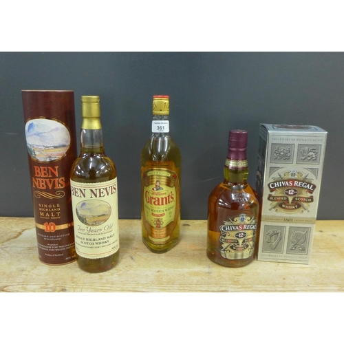 361 - Whisky to include Ben Nevis Single Highland malt, aged 10 years, boxed Chivas Regal and William Gran... 