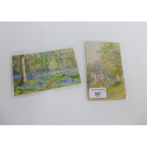 367 - Two early 20th century watercolour painted postcards, largest 14 x 9cm (2)