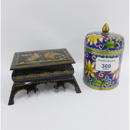 369 - Russian black lacquer box, 11cm long, together with a cloisonne jar and beaker (2)