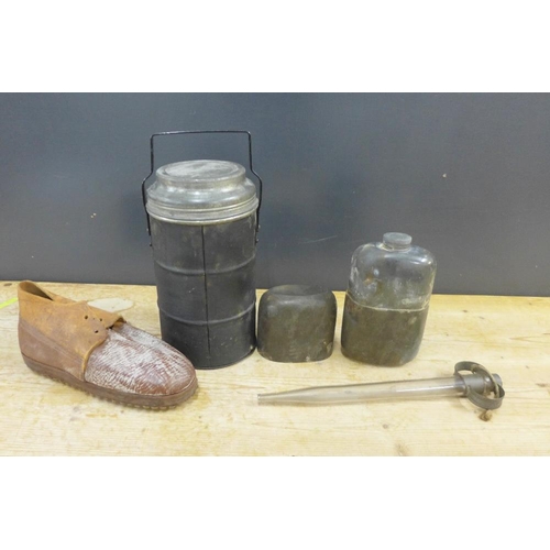 385 - Vintage Grape Crusher shoe, syringe, pewter hip flask and WWII Thermos flask (4)