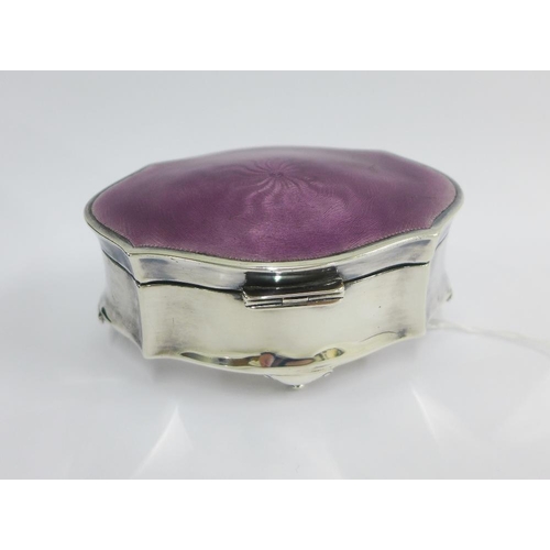 42 - George V silver box, with purple guilloche enamel hinged lid, on four hoof feet, Birmingham 1912, 10... 